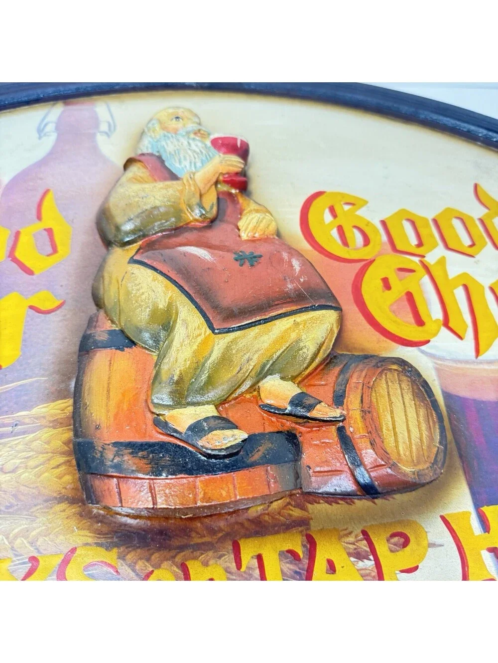 Vintage Good Beer Good Cheer Always On Tap Here 3D Monk Bar Plaque 23x16